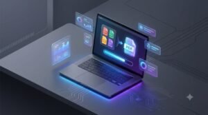 Laptop screen showing process to merge pdf online free with thumbnails and progress bar