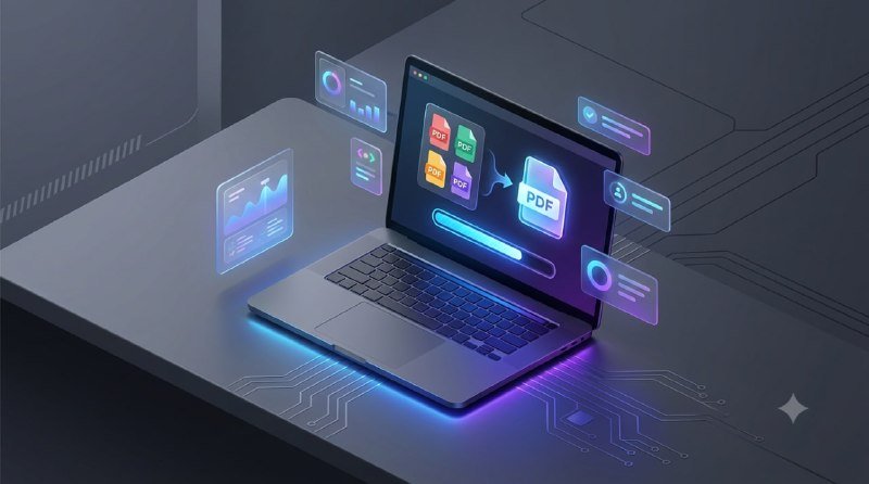Laptop screen showing process to merge pdf online free with thumbnails and progress bar
