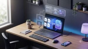 Person using a laptop to merge pdf on windows in a clean office