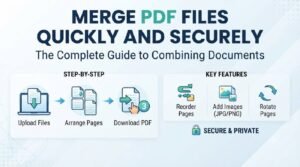 Person at laptop arranging files to merge pdf documents